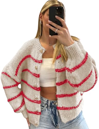 QIBABU Womens Striped Cardigan Sweaters Casual Open Front Long Sleeve