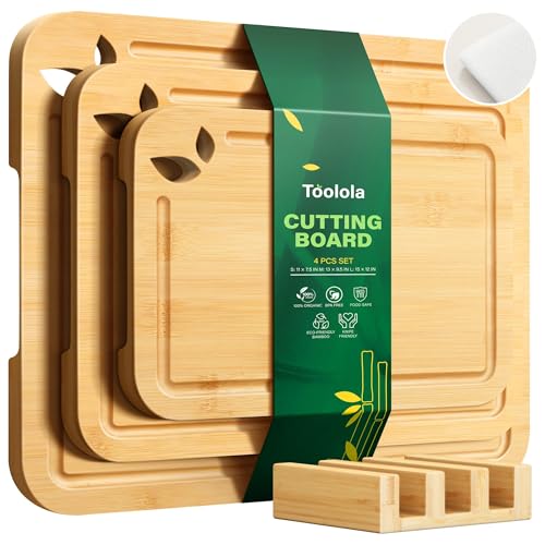 Juego de tablas para cortar de bambú con soporte y ranura para jugos miniatura 1