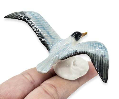 WitnyStore Tiny 3¾" Flying Mediterranean Seagull Gull Sea Bird Figurine - Miniature Hand Made Ceramic Birds Aves Colorful Porcelain Feathered Animals Cute Decorative Collectible Figures Décor Gifts