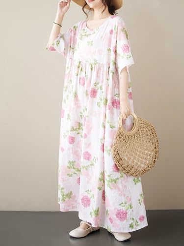 Image of Women's Plus Size Casual Dresses Pink Floral Print Loose Maxi Dress Short Sleeve O Neck Lounge Dress