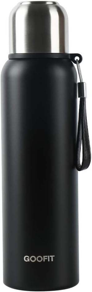 GOOFITInsulated Thermos with Cup Outdoor Sports Stainless Steel Thermos Vacuum Sealed Coffee Bottle Travel Mug Thermos Flask BPA Free Keeps Cold 24H Hot 24H 27Oz（Black）