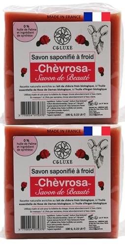 2 Savon au Lait de Chèvre Frais Bio et Argent Colloïdal - Saponification à Froid, Parfait pour Eczéma, Psoriasis, Acné - Hydratant et Apaisant, Peau Douce (Senteur Rose de Damas)