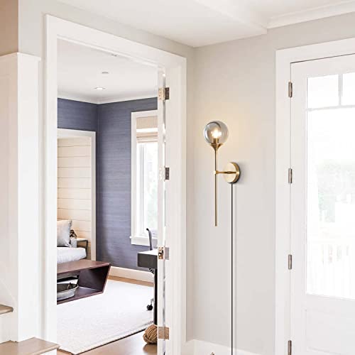 Image of BOKT Mid Century Smoke Glass Bathroom Wall Light Plug in Set of 2 Brushed Brass Gold Long Globe Wall Sconce Lighting Plug in Cord Set of Two Industrial Wall Lamp (Smoke Gray-Plug in)