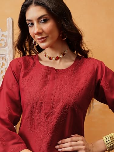 Image of Ada Hand Embroidered Lucknowi Chikankari Straight Cotton Kurta Kurti for Women A133488