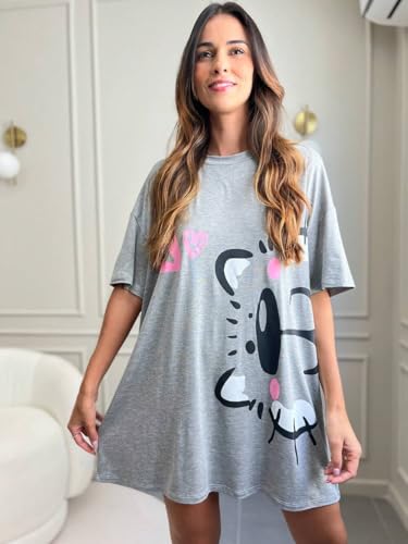 Camisola Feminina De Dormir Camisetão Verão Gatinho Cinza (Padrão, Cinza, M)