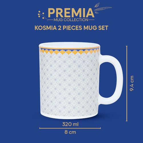 Image of Larah by BOROSIL 320ml x 2pc Opalware Kosmia Tea /Coffee Mug Set, Microwave & Dishwasher Safe Embossed Design Crockery Ideal for Daily Use & Gifting