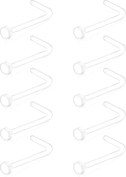 10PCS Clear Nose Studs - Acrylic L-Shaped Nose Bar Ring - Invisible Piercing Jewelry - Flat Top Bone Studs Retainer - Flexible Nose Retainers for School (Clear) - 1