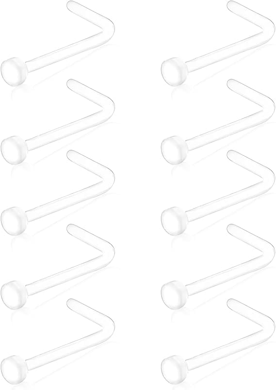 BrambleCo 10PCS Clear Nose Studs - Acrylic L-Shaped Nose Bar Ring - Invisible Piercing Jewelry - Flat Top Bone Studs Retainer - Flexible Nose Retainers for School (Clear)