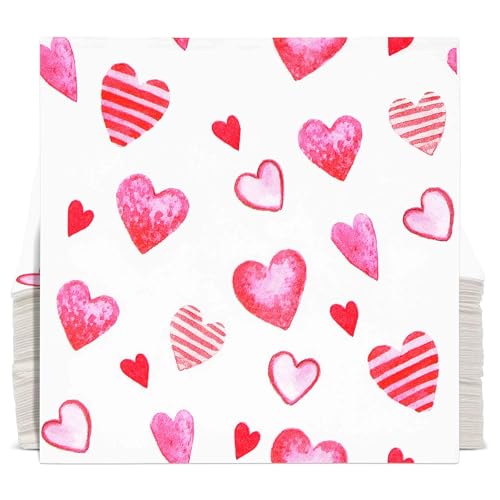 100 Pink Heart Cocktail Beverage Napkins Disposable Paper Love Hearts Dessert Napkin for Valentine's Day Wedding Party Supplies Tableware Decor