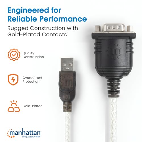 Image of Manhattan USB to Serial Converter Connects One Serial Device to A USB Port (205146) | USB-A to DB9 RS232 serial adapter with 18-inch cable, Prolific PL-2303 chip, up to 115 kbps, plug and play