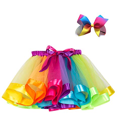 Lazzboy Ragazze tutù Tutu Tulle Rainbow Balletto Gonna Principessa per 3-10 Anni Dress-up Costume Festa con Fiocco Clip di Capelli Set(3-4 Anni,Multicolore-1)
