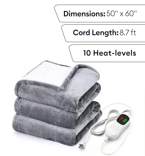 Image of GENIANI Heated Blanket Electric Throw 50 inchx60 inch - Safe Electric Heating Blanket with Auto Shut-Off & Overheat Protection, 10 Heat Settings, Washable Heated Throw for Couch, Bed, Office & Dorm