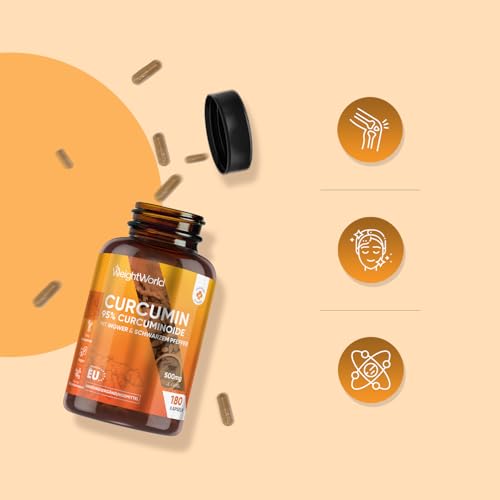 Curcumin Kapseln - 500 mg (50:1) Kurkuma Extrakt, entspricht 25.000 mg Kurkuma - 6 Monate Vorrat - 180 Kapseln - Kurkumin 95% mit Schwarzer Pfeffer & Ingwer - 1 Kapsel pro Tag - WeightWorld