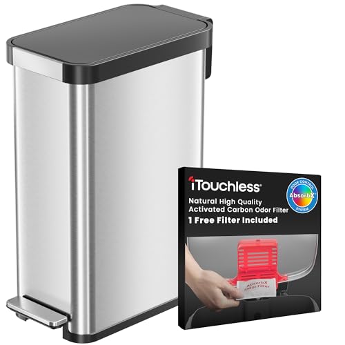 iTouchless 13.2 Gallon Step 2.0 Technology Slim SoftStep Kitchen Trash Can with Odor Filter, Elongated Stainless Steel Recycling Bin for Bedroom Living Room Home Office
