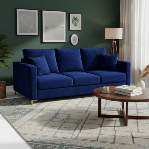 Image of Hayes Rich Velvet Suede 3 Seater Sofa | Golden Aesthetic Legs | Spacious Soft Touch Comfort Seating | Modern Sofa for Living Room (Dark Blue)