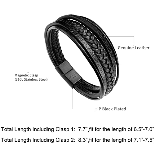 Murtoo Mens Leather Bracelet With Clasp Cowhide Multi-Layer Braided Leather Mens Bracelet (Black, 7.5") #TOP1