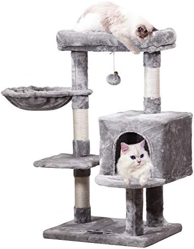 JISSBON 93cm Cat Tree Cat Tower with Padded Plush Perches, Condo, Hammock & Cat Scratching Post for Kittens, Adult Cats, Light Grey