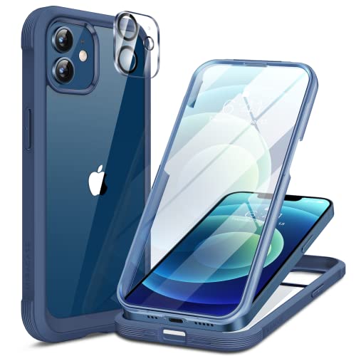 Image of Miracase Glass Series for iPhone 12 /12 Pro Case 6.1 inch, Upgraded Full-Body Rugged Phone Bumper Case Cover with Built-in 9H Tempered Glass Screen Protector and Camera Protector, Blue