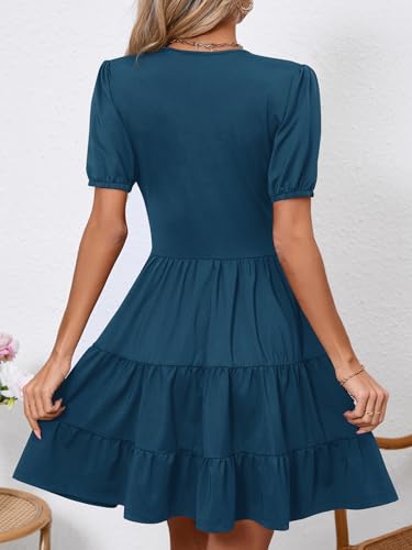 Image of Women's Casual Summer Dress V Neck Short Sleeve Flowy Stretchy Comfort Fit for Daily Wear Work Midi Dresses