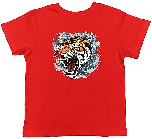 Image of Shopagift Japanese Tiger Kids T-Shirt Ferocious Tora Shishi Japan Childrens Tee Gift Red