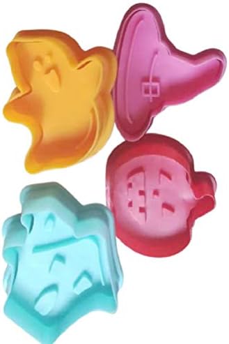 Halloween Cookie Cutters Plungers Set - Small 2" x 2" Bite Size Holiday Cookies - Kids First Molds 4 Child Stampers - Ghost Pumpkin Witch Hat Haunted House - Random Colors Sent by Jolly Jon