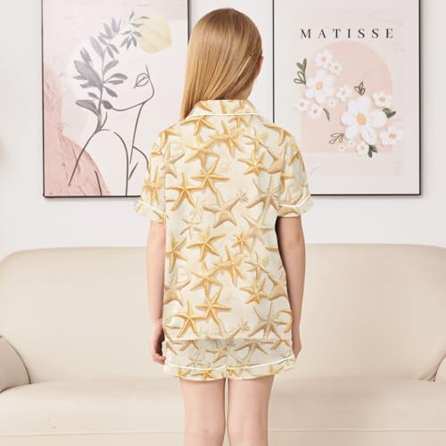 Yellow Starfish Pattern Summer Satin Pajama Set, Cute Button-Down Sleepwear Pj Set for Sleep Wears4