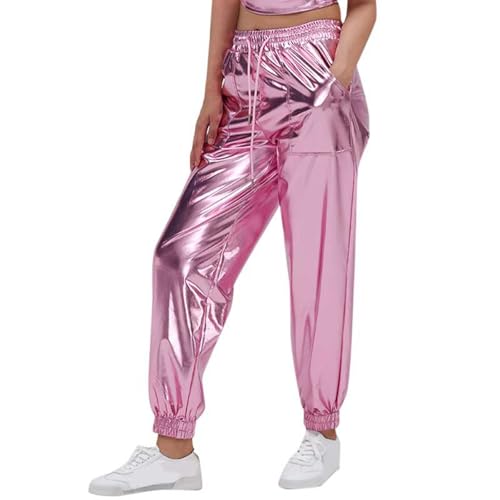 Generisch Pantalones metálicos para mujer, para carnaval, brillantes, suaves, cómodos, elásticos, transpirables, clásicos, monocromáticos, ropa de calle para fiestas, ocasiones festivas, Rosa., XXL