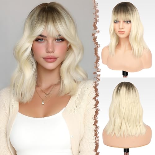 FESHFEN Shoulder Length Wigs with Bangs - Natural Looking Wavy Medium Length Synthetic Hair Bob Wig for Women Daily Party Use, 14 inch Ombre Bleach Blonde