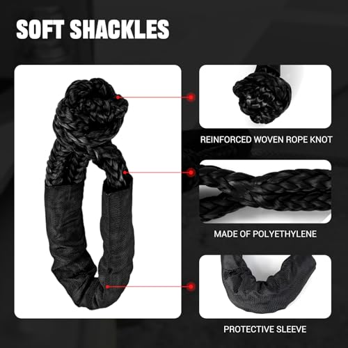 Image of BARTOO Winch Snatch 66000 LB Recovery Ring with 2PCS Soft Shackle 1 /2 inch X 22 Inch Winch Rope, for ATV UTV SUV Truck Off-Road Vehicle Recovery Accessories, Black