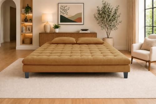 Image of Three Seater Velvet Sofa Cum Bed, Tufted Convertible Sleeper Couch, Space-Saving Design, Comfortable Cushioned Seating - Golden