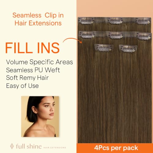 Image of Full Shine Medium Brown Hair Extensions, Seamless Human Hair Clip ins | Human Hair Clip in Extensions, 12 Inch 55g 4 Pcs, Part Line Fill ins, Soft Straight, Office Styling, Short Hair
