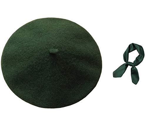 JOYHY Damen Wolle Künstler Französisch Baskenmütze Barett mit Quadratischem Schal Waldgrün Cover