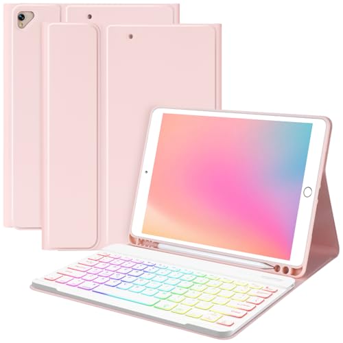 MORECOO for iPad 9th Generation Case with Keyboard, 7 Color Backlit Wireless Keyboard with Pencil Holder for 10.2 inch iPad 8th / 7th, for iPad Pro 10.5 inch 2017, for iPad Air 3rd Gen (Pink)