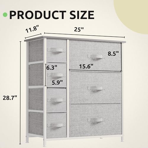 GOOBED Dresser for Bedroom, 7 Drawers Fabric Dresser, Organizer Unit for Living Room, Hallway, Closets - Sturdy Steel Frame, Wooden Top & Easy Pull Fabric Bins, Light Gray