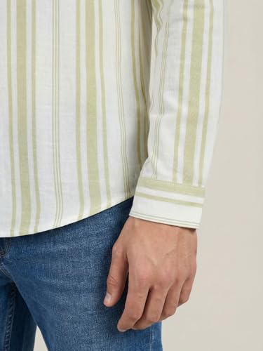 Image of Urbano Fashion Men's Cotton Full Sleeve Relaxed Fit Linen Striped Shirt with Spread Collar