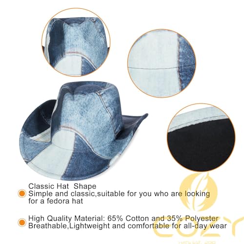 Image of Tie Dye Denim Patchwork Cowboy Hat for Women Men Western Wide Brim Costume Party Hat