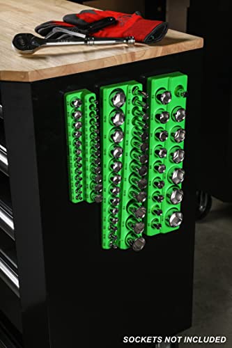 Image of ARES 60005 - Green 26-Piece 1 /4-Inch SAE Magnetic Socket Organizer - 13 Standard Size and 13 Deep Size Socket Holder - Keeps Your Tool Box Organized