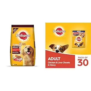 Pedigree Adult Dry Dog Food, Meat & Rice, 10kg Pack & Pedigree Adult Wet Dog Food, Chicken & Liver Chunks in Gravy, 70 g (Pack of 30)
