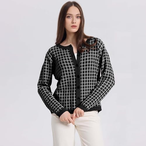 Image of Women's Long Sleeve Crew Neck Plaid Cardigan Sweaters Open Front Button Down Classic Knit Soft Coat Tops