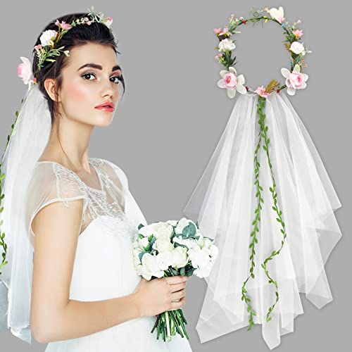 BOFUNX Blumenkranz Haare mit Schleier Blumenkrone Hochzeit Blumen Haarreif Damen Haarband Haarschmuck für Hochzeit JGA Party