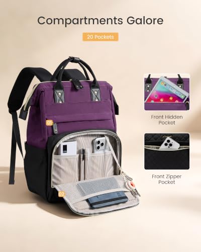 Image of LOVEVOOK Laptop Backpack Women Quilted Teacher Nurse Work Backpack Purse | Large Cup Holder, Professional Waterproof Travel Backpack, Urban Computer Bag Casual Daypack for College Business Office Gift