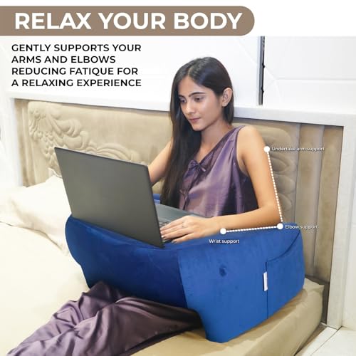 Image of Lap Desk Pillow for Bed -1 Year Warranty (23x21x12) | Soft Foam Laptop Table with Flat Top & Storage Pocket | Portable Lap Table for Bed Study, Office Work & Online Classes - Blue