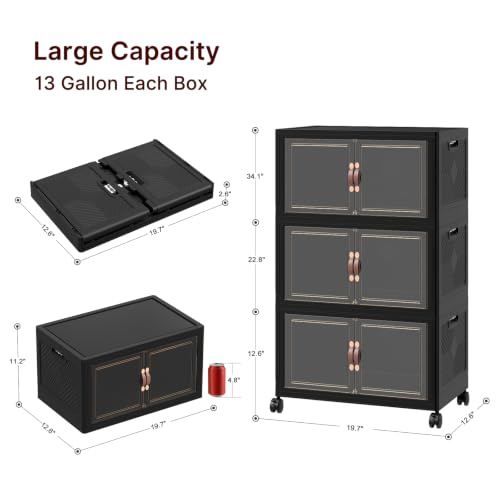 Image of UAMFURI Stackable Storage Bins with Lids, 144QT Lockable Storage Cabinet | Closet Organizers, Foldable Storage Box with Doors and Wheels, Plastic Drawers for Home, Garage, Office (3, Black, Medium)