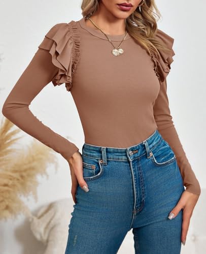 Image of Tankaneo Womens Ruffle Long Sleeve Shirts Fitted Ribbed Knit Tops Fall Casual Crew Neck Tees