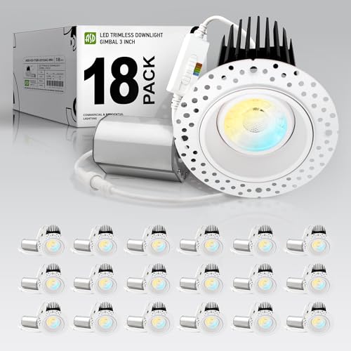 ASD Trimless 3 Inch Gimbal LED Recessed Light, 12W 120V Canless LED Downlight, Adjustable Dimmable Directional Ceiling Light with J-Box, 5 CCT 2700K-5000K, CRI 90+ IC Rated Airtight, ETL White 18 Pack