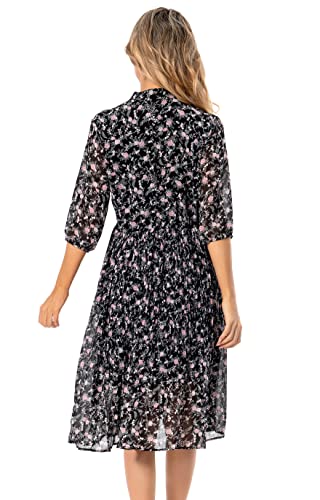 Image of Shineflow Women's Short Sleeve V-Neck 3 /4 Sleeve Button Up Chiffon Floral Pleated Midi Swing Dress with Belt