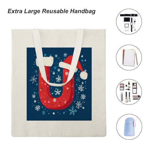Canvas Tote Bags Letter T with Santa Hat Snowflakes Reusable Shoulder Tote Bag Alphabet Decorative Gifts for Women Mother4