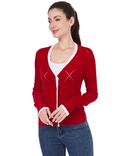Image of AmelieBoutik Women Lightweight Button Down Long Sleeve Casual V Neck Color Trim Soft Knit Fall Cardigan Sweater Tops