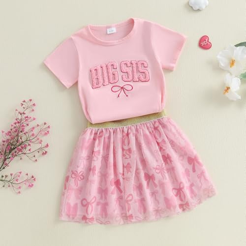 Kayotuas Toddler Girl Summer Outfits Bow Embroidery Short Sleeve T-shirt and Sparkle Tutu Skirt Cute Sister Matching Dresses4