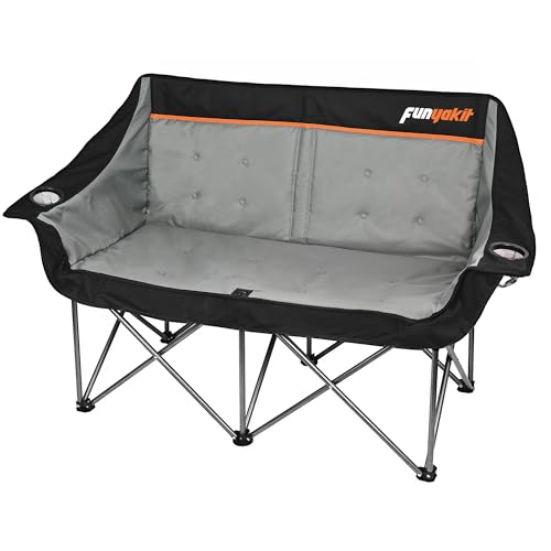 FUNYAKIT Heavy Duty Double Camping Chair 650LBS Capacity, Fully Padded Folding Camping Chairs Loveseat, Big Oversize Outdoor Patio Lawn Chair with Arm Cup Holder for Camping, Fishing, Beach